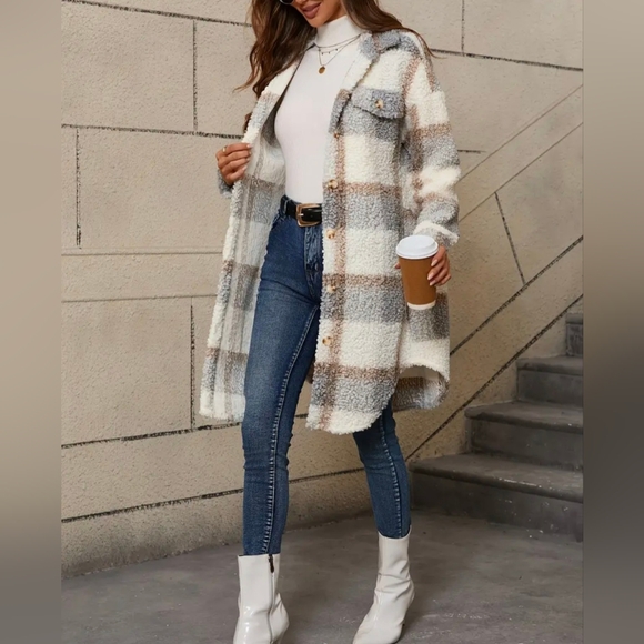 Plaid Pattern Button Front Fuzzy Shacket - Picture 2 of 5